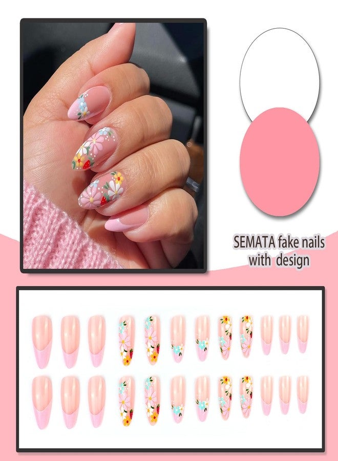 SEMATA Pink French Press on Nails Almond Medium Nude Spring Summer Acrylic False Fake Nails Press ons Flower with Floral Design Fake Nail 24Pcs Reusable Stick on Nail for Women - Image 4